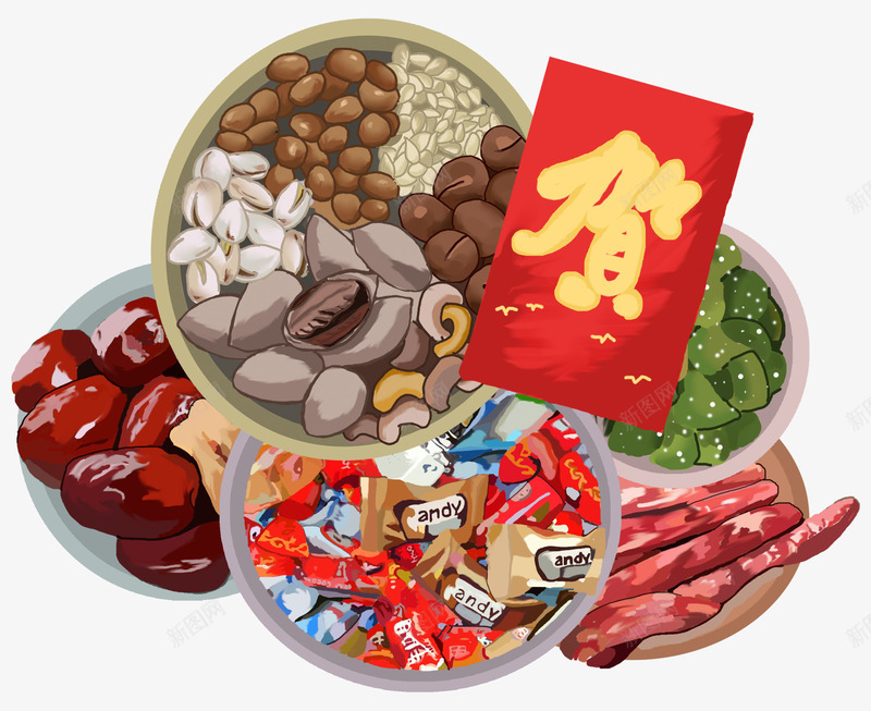 装饰手绘年货插画psd免抠素材_88icon https://88icon.com 年味儿 年货 手绘年货 手绘插画 装饰图案 过年 零食