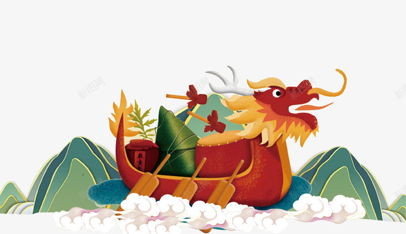 中国风端午龙舟插画psd免抠素材_88icon https://88icon.com 中国风 吃粽子 山脉 手绘 插画 祥云 端午节 赛龙舟