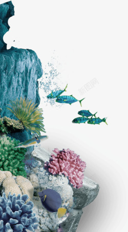 蓝色清新水底小鱼边框纹理素材