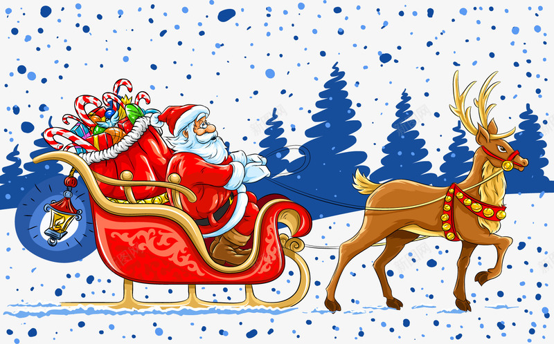 圣诞老人骑雪橇背景矢量图ai免抠素材_88icon https://88icon.com 圣诞节 礼物 蓝色 雪景 麋鹿 矢量图