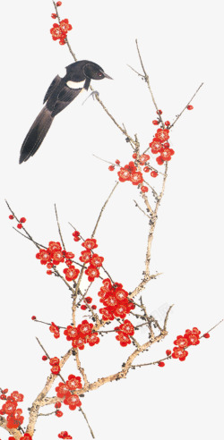 水彩合成冬天的红梅喜鹊素材