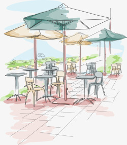 手绘水彩街头露天咖啡厅素材
