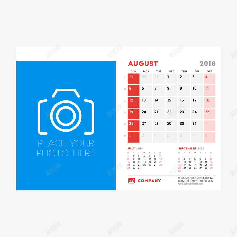 蓝白色2018年八月年历挂历矢量图ai免抠素材_88icon https://88icon.com 2018年八月 2018年日历 年历挂历 白色 红色 蓝色 矢量图