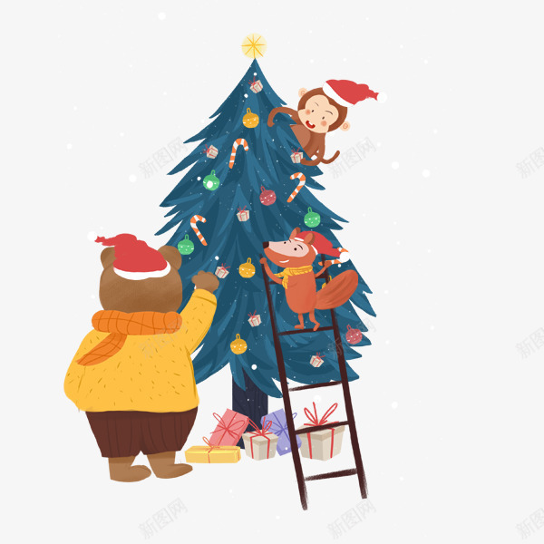 手绘装扮圣诞树的动物们psd免抠素材_88icon https://88icon.com 圣诞树 圣诞礼物 圣诞节 手绘装扮圣诞树的动物们
