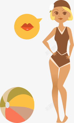 泳衣女沙滩皮球插画矢量图素材