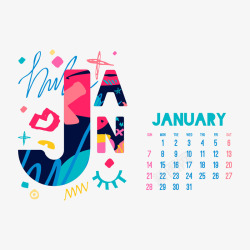 红蓝黄色2018年一月涂鸦日历矢量图素材