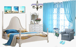 蓝色窗帘卧室装修高清图片