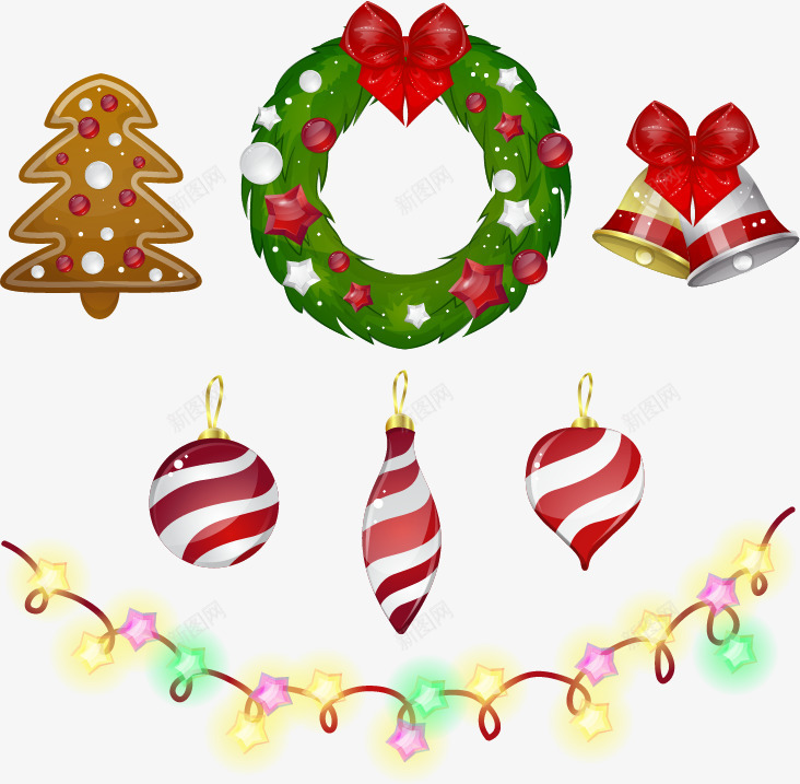 光泽质感的圣诞节元素矢量图ai免抠素材_88icon https://88icon.com 免扣png素材 免费png素材 发光的彩灯 可爱 星星彩灯 红色条纹圣诞球 绿色花环 铃铛 饼干圣诞树 矢量图