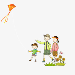 手绘人物插画郊外踏青放风筝的一素材