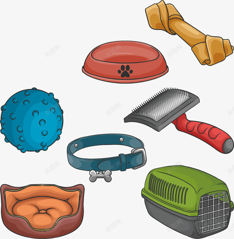 手绘宠物用品png免抠素材_88icon https://88icon.com 卡通狗项圈 宠物喂食盆 宠物外带箱 宠物玩具 宠物用品 手绘 狗咬棒 狗玩具 狗窝 狗链 笼子 粮食盆