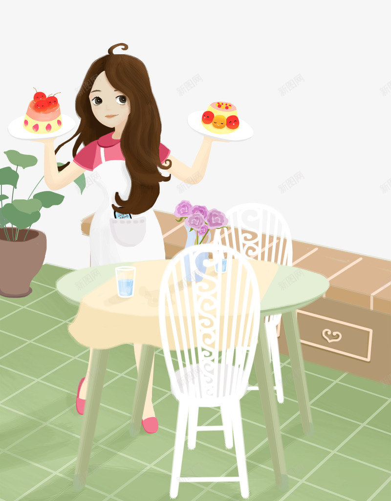 卡通手绘做甜品蛋糕的女孩psd免抠素材_88icon https://88icon.com 做甜品蛋糕的女孩 免抠卡通女孩 卡通 手绘 桌椅 盆栽装饰