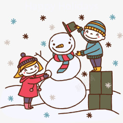 温暖开心堆雪人的两个卡通小孩高清图片
