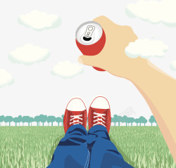 躺在草坪上喝可乐的人素材