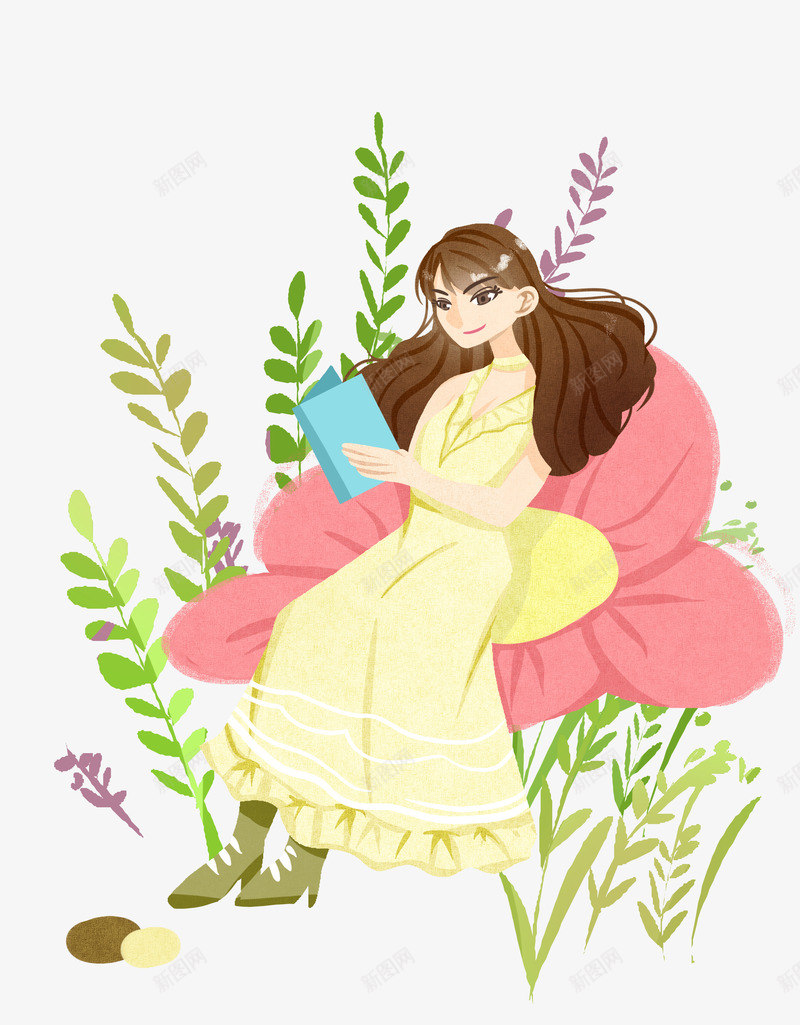 粉色女孩插画叶子png免抠素材_88icon https://88icon.com 卡通插画 手绘春分插画 漂亮的女孩 粉色的鲜花 绿色的叶子 躺着的女孩