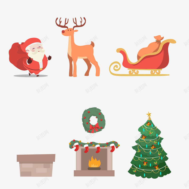 圣诞节卡通矢量图ai免抠素材_88icon https://88icon.com 圣诞树 圣诞老人 壁炉 烟囱 雪橇 驯鹿 矢量图