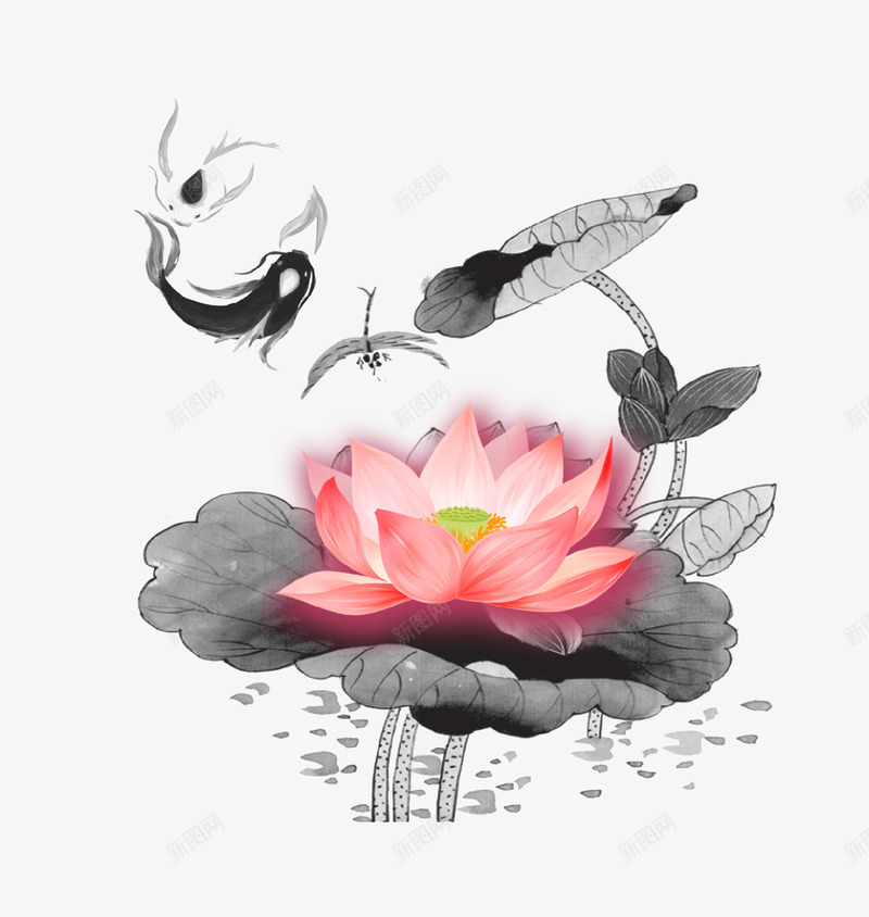 中国风水墨莲花插画psd免抠素材_88icon https://88icon.com 中国风 夏季 插画 文艺 水墨 池塘 莲花 金鱼