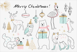平安夜海报手绘圣诞动物礼物背景矢量图高清图片