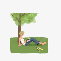 在草地上靠着树看书的女孩素材