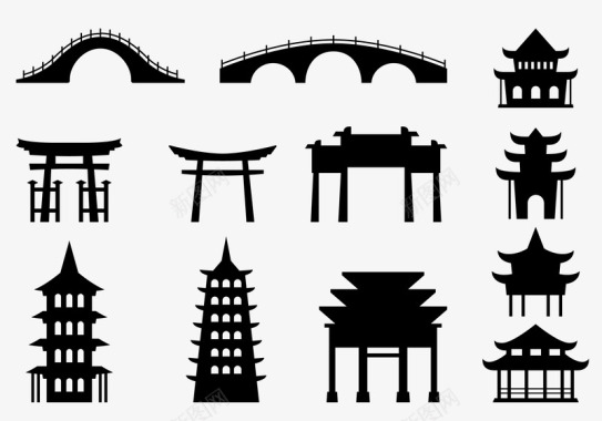 中国素材古建筑剪影图标图标