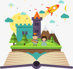 书中的童话城堡公主王子火箭矢量图素材