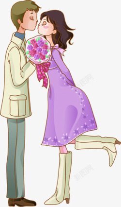 情侣卡通素材亲吻的情侣卡通花束海报背景七夕情人节高清图片