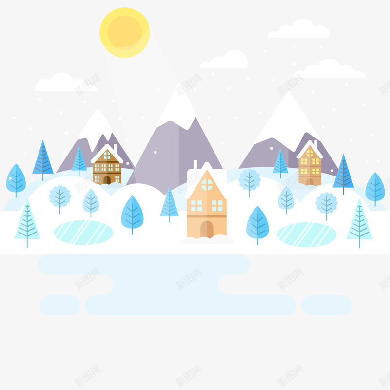 冬天雪景矢量图ai免抠素材_88icon https://88icon.com 冬日 房子 村庄 森林 矢量图