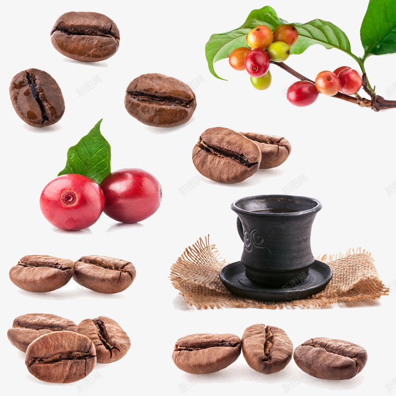 咖啡豆片png免抠素材_88icon https://88icon.com 咖啡 杯子 红色果子 绿叶