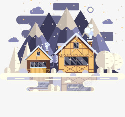 烟炊的房子黄色卡通夜晚雪屋装饰矢量图高清图片