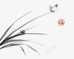 中国风水墨君子兰蝴蝶蜗牛素材