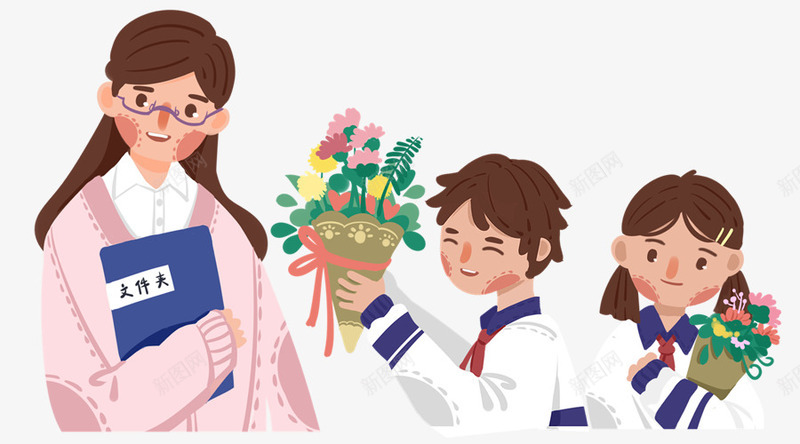 卡通手绘学生给老师送花psd免抠素材_88icon https://88icon.com 创意 动漫动画 卡通手绘 学生给老师送花 教师节 简约 送花的小孩