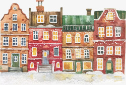 小镇雪景手绘水彩圣诞小镇矢量图高清图片