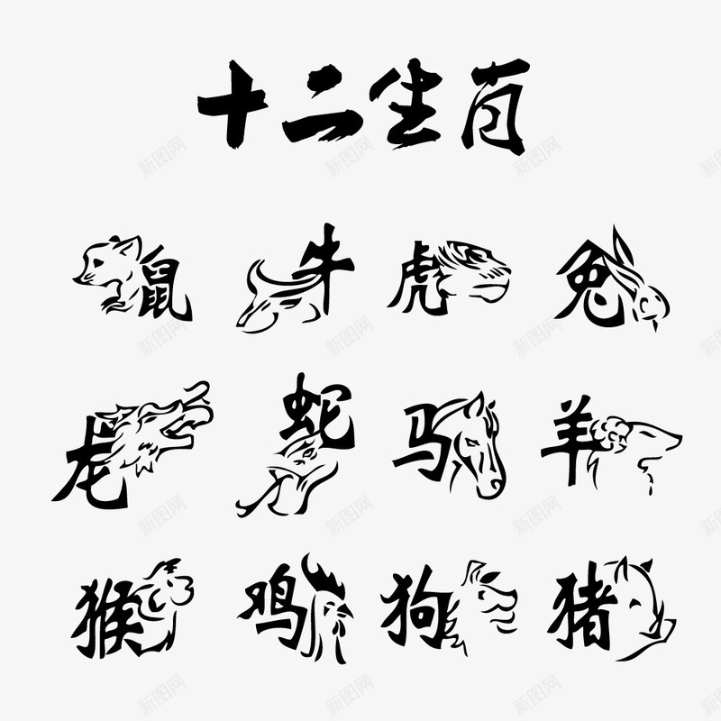 十二生肖创意字画png免抠素材_88icon https://88icon.com 中国风 创意 图案字体