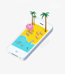 创意手机海滩旅行立体插画素材