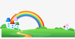 卡通绿色草地彩虹房子小路矢量图素材