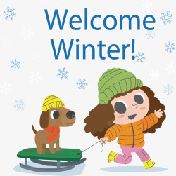 你好暖冬拉着小狗坐雪橇矢量图高清图片