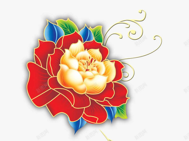 一朵大红花png免抠素材_88icon https://88icon.com 制作 卡通 彩色 红色花瓣 绿叶 花朵