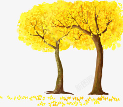 银杏树手绘秋季金色素材
