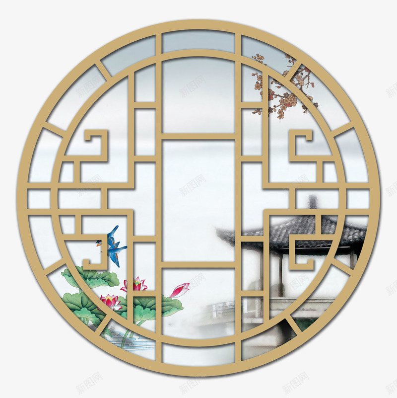 木质圆窗png免抠素材_88icon https://88icon.com 古代圆窗背景 古风圆窗 木头 木质 池塘 窗户 荷花 风景