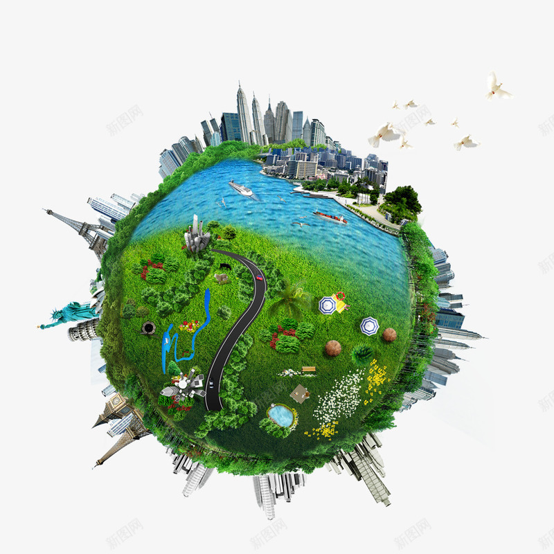 地球城市草地海洋psd免抠素材_88icon https://88icon.com 同住地球村 地球村 建筑 海洋 草原 都市