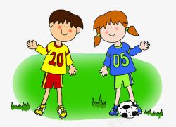 草地上踢足球的男孩女孩素材