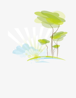 浅色绿色手绘抽象树木阳光美景素材