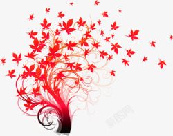 红色手绘花朵树枝情人节唯美素材