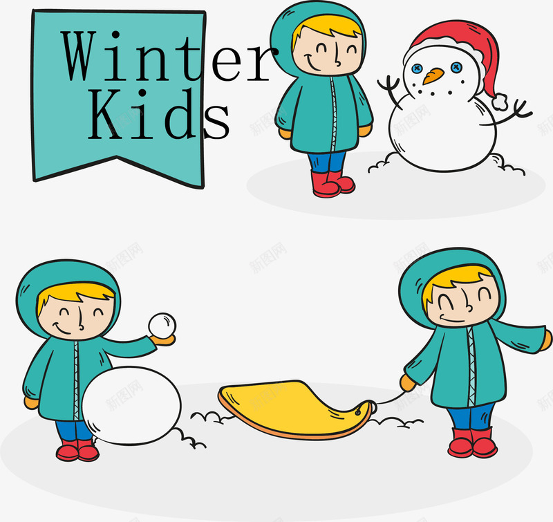 冬天里的孩子们png免抠素材_88icon https://88icon.com 孩子堆雪人 孩子打雪仗 孩子玩雪橇