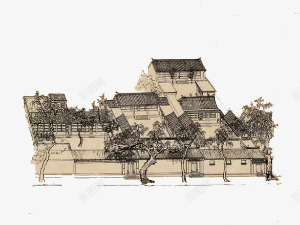 四进院子png免抠素材_88icon https://88icon.com 平房 树 水墨北京 长廊