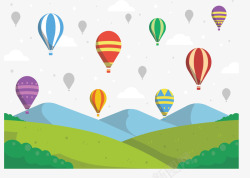 草地高山彩色热气球矢量图素材