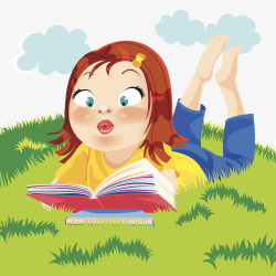 趴在草地上看书的小女孩素材