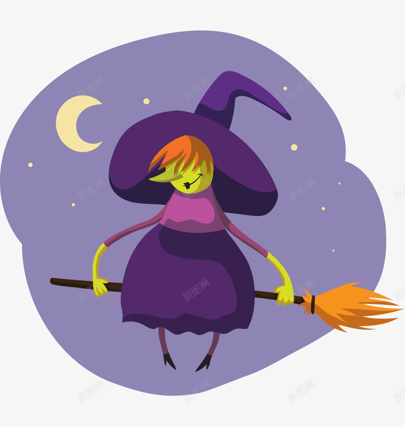 卡通手绘夜晚月亮女巫坐扫帚png免抠素材_88icon https://88icon.com 卡通的人物 坐扫帚的女巫 夜晚的月亮 平面女巫 手绘的女巫