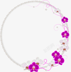 珍珠圆形手绘紫色兰花边框高清图片