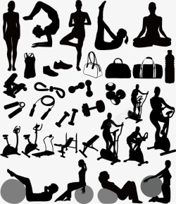 瑜伽剪影人物和健身器材图标高清图片