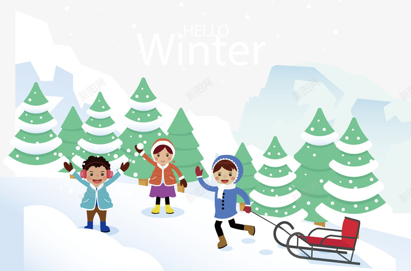 冬天雪山玩雪的孩子矢量图ai免抠素材_88icon https://88icon.com 冬天玩雪 拉雪橇 玩雪 玩雪的孩子 矢量png 雪山 矢量图